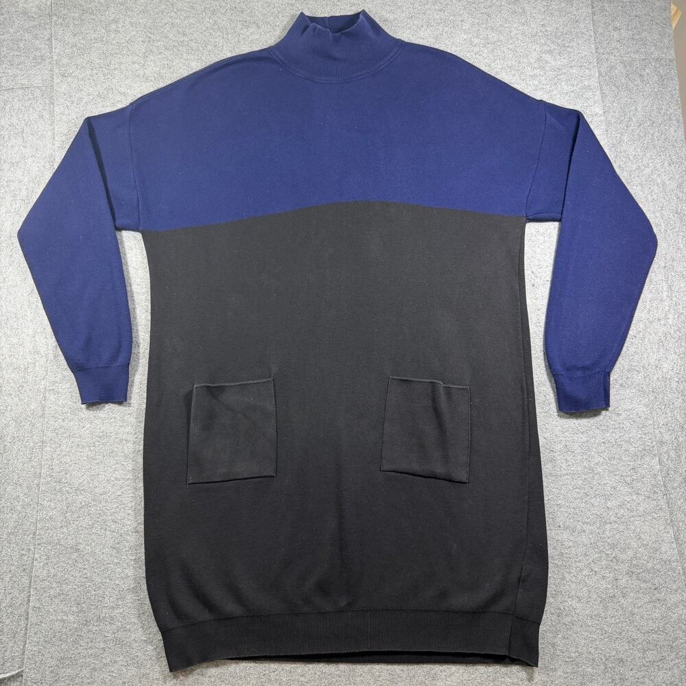 Vintage Joan Vass Sweater Dress Womens 2 Navy Black Colorblock Mock Neck Made US